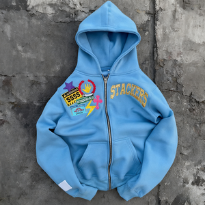 Sweat-shirt à capuche unisexe de qualité supérieure avec broderie 3D en chenille, fermeture éclair, coupe régulière, style streetwear - Product Image 4