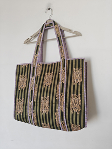 Sac fourre-tout ouvert en tissu de coton indien matelassé écologique vert rayé, doublure en coton biologique, haute qualité pour femmes, style bohème - Product Image 3