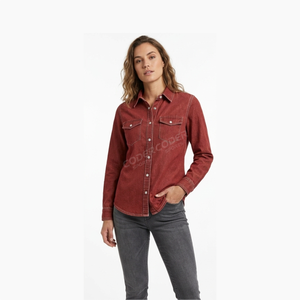 Chemisier en jean chambray court pour femme, à nouer devant, manches 3/4 retroussables, boutonné, style décontracté western cowgirl en coton - Product Image 6