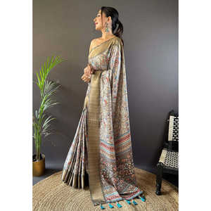 Sari en soie d'Assam gris avec bordure tissée Zari, vêtements indiens et pakistanais par Elite Weaves 500g - Product Image 1