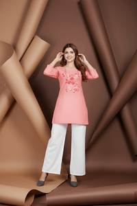 Túnica informal de mezcla de algodón para mujer, con bordado a mano, cuello redondo, manga tres cuartos, totalmente cosida. - Product Image 3