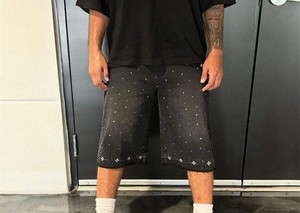 Shorts en jean pour homme avec strass, shorts en jean déchirés, ornés de cristaux, coupe slim, streetwear décontracté, mode estivale - Product Image 4