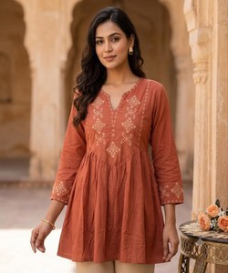 <b>Women</b> Traditional Cotton <b>Kurta</b> Kurti Loose Fit Embroidery Work Midi Length Casual Wear India Pakistan Style 86849 VT-2608 - Product Image 1