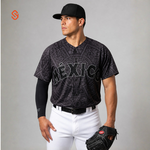 Mexico Baseball Jersey Men Short Sleeve <b>Black</b> Sublimated Print Button Front Regular Fit All Seasons Moisture Wicking - Product Image 1