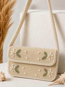 Bolso Rectangular Hecho a Mano con Cuentas de Vidrio y Bordado de Poliéster, Diseño Floral de Margaritas, Lavable, para Uso Diario, para Mujer - Product Image 2