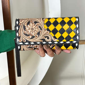 Luxury Handcrafted Tooled Leather Checkered Pattern <b>Long</b> Wallet Western Floral Design Genuine Leather Women Coin <b>Purse</b> Clutch - Product Image 4