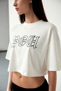 Women's <b>Cream</b> <b>Crop</b> <b>Top</b> Crew Neck Short Sleeve Letter Print Casual T-Shirt Regular Fit Spring Summer 100% Cotton Jersey - Product Image 2