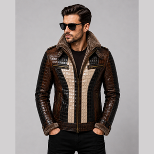 Veste en cuir PU gaufré crocodile pour homme, style motard, col montant, fermeture éclair, coupe ajustée, pour l'automne - Product Image 1
