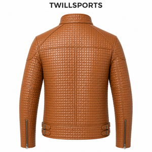 Blouson Moto Homme TwillSports en Cuir PU Marron Col Montant Matelassé Fermeture Éclair Avant Logo Personnalisé Coupe Ajustée Vêtement d'extérieur - Product Image 2