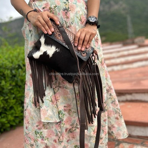 Cheveux usinés à la main sur peau fourrure cuir frange sac à main femmes élégantes coloré outillage cuir sac à bandoulière taille idéale sacs à bandoulière - Product Image 2