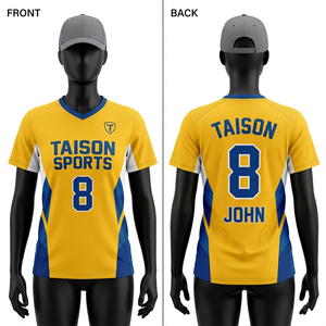 Maillot de volley-ball personnalisé pour femmes, 180 GSM, polyester respirant, jaune, bleu, blanc, panneaux latéraux, logo d'équipe sublimé - Product Image 1