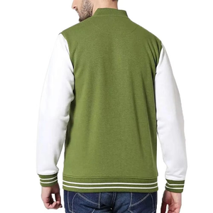 <b>Men's</b> Green Varsity <b>Jacket</b> With <b>White</b> Sleeves Zipper Closure Casual Cotton Polyester Blend Stand Collar Pockets Autumn Wear - Product Image 5