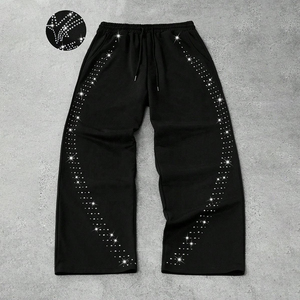 Pantalon de survêtement noir pour homme à taille élastique avec strass en cristal, décontracté, tricoté, mi-lourd, personnalisé, vintage, unisexe - Product Image 6