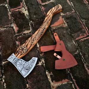 LEGACY BLADES Hacha Tomahawk Hecha a Mano con Mango de Madera Grabado y Funda de Cuero para Uso en Supervivencia al Aire Libre - Product Image 4