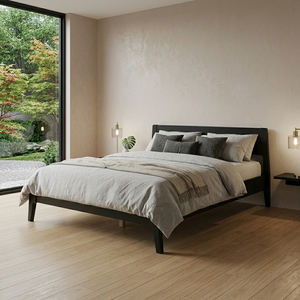 Minimalist Upholstered <b>Bed</b> Queen Size Black Wood <b>Frame</b> Fabric Soft <b>Bed</b> Design - Product Image 5