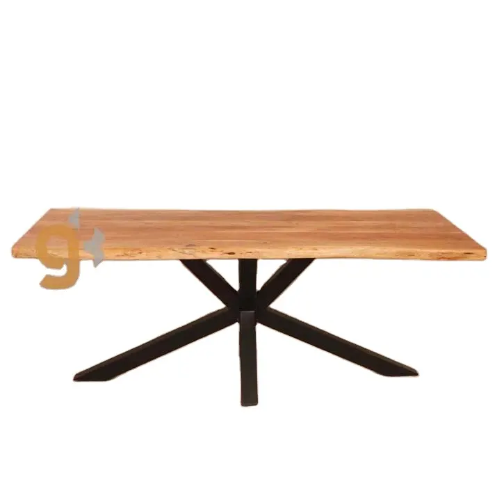 Mesa de jantar vintage industrial de madeira acácia, borda ao vivo, mesa de jantar de madeira sólida de acácia com perna da aranha, mesa de sala de jantar de madeira