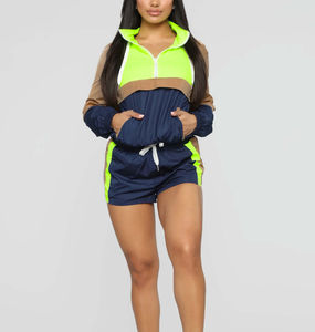 Ensemble short et coupe-vent pour femme, léger, vintage, avec fermeture éclair, tenue de sport respirante, séchage rapide, pour fitness, entraînement, décontracté, automne - Product Image 1