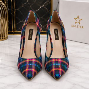 Escarpins de luxe écossais à talons hauts pour femmes, à bout pointu, avec logo de marque personnalisé - Product Image 3