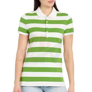 Polo rayé pour femme, manches courtes, vert et blanc, tissu tricoté décontracté, piqué 100% coton, grande taille, respirant, vente en gros - Product Image 3