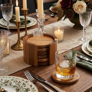 ชุดจานรองแก้วไม้กระถินเทศ 7 ชิ้น พร้อมที่วาง ดีไซน์เรียบง่าย จานรองแก้วทรงกลมสำหรับโต๊ะกาแฟ จากเวียดนาม - Product Image 3