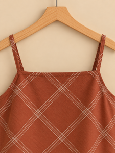 Asymmetric Plaid <b>Spaghetti</b> <b>Strap</b> <b>Top</b> Women Casual Woven Sleeveless Relaxed Fit All Seasons Brown Patterned Cami <b>Tank</b> <b>Top</b> - Product Image 4