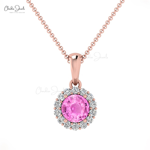 Verified Supplier 14k <b>Solid</b> <b>Gold</b> Genuine 4mm Round Cut Pink Sapphire & Diamond Halo <b>Pendant</b> Wholesale Customized <b>Pendant</b> For Mom - Product Image 2