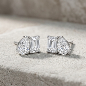 10k 14k 18k White Gold Toi Et Moi <b>Stud</b> Earrings Pear Cut and <b>Emerald</b> Cut Lab Grown Diamonds Two Stone Daily Wear Simple Earrings - Product Image 1