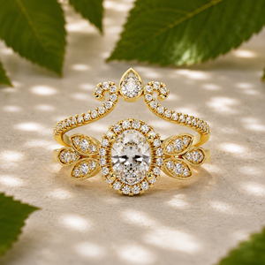 Vintage Oval Halo Lab Grown Diamond Bridal <b>Ring</b> Set 14K Solid Gold Pear & Round Cut <b>Crown</b> Band Wedding <b>Rings</b> Rhodium Plated - Product Image 3