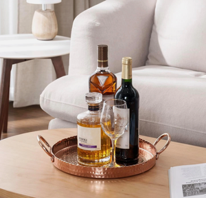 Hammered Copper Round Serving Tray with Handles Stainless Steel with a textured dimpled hammered finish and scalloped crimped - Product Image 1