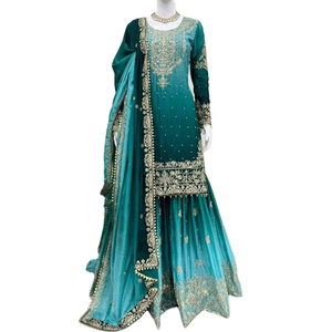 Indian Bollywood Ethnic Stitched Kameez Chinon Silk Heavy Embroidery <b>Kurta</b>/Kurti <b>Women</b> Moisture Wicking Quick Dry Party Winter - Product Image 1
