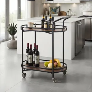 Modern Vintage Eco-Friendly <b>Round</b> Metal Rolling Kitchen Cart with Wooden Shelves Durable Storage for Party Use - Product Image 5