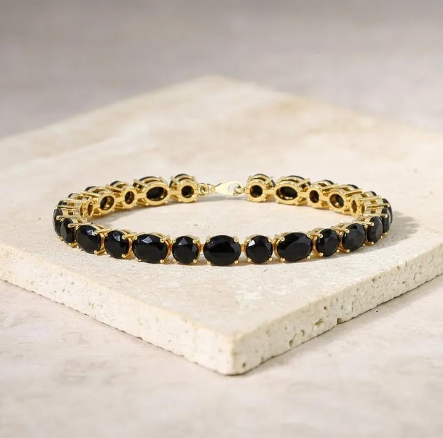 Black Onyx Charm Bracelet in 925 Sterling Silver Gold Plated Luxury Handmade Jewelry Gift for Women