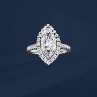 Bague de fiançailles pour femme en platine et diamant taille marquise 2 carats, style classique avec halo et diamants latéraux, certifiée GIA