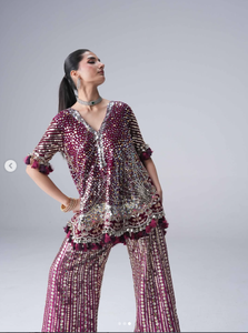 Elegant <b>Maroon</b> Glitter Print Silk Satin Salwar Kameez Women Traditional Wedding Wear India Pakistan Regular Fit Crop Reversible - Product Image 2