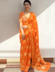 KV Women's Traditional Cotton Orange Printed Designer Saree Unstitched <b>Blouse</b> for Party Wrinkle-Free Quick Dry Reversible Autumn - Product Image 6