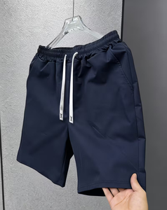 Men's Navy Blue Solid Color Quick Dry Elastic Waist Lace Front Logo Bermuda Shorts Casual Mid Waist Polyester Fabric - Product Image 1