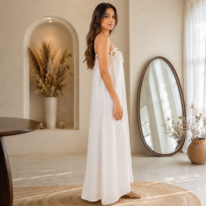 White Boho Fringe Maxi Dress Women Spaghetti Strap Embroidered Trim Flowy Summer Sundress Beach Vacation Casual Resort Holiday - Product Image 3