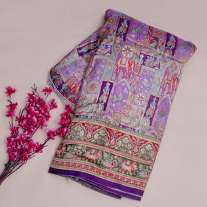 Tissu jacquard en viscose pure, violet lavande, imprimé ethnique avec motif de paysage et bordure éléphant, pour la confection de robes Kurti de créateur - Product Image 1
