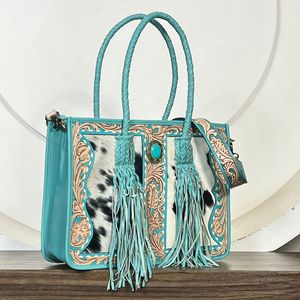 Sacs à main en cuir de fourrure turquoise de qualité supérieure, style vintage, grande capacité, sacs fourre-tout pour femmes avec pierres et franges - Product Image 4