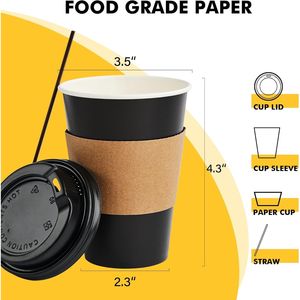 Confezione da 100 Bicchieri Monouso Neri da 350 ml per Caffè con Coperchi e Manicotti, Include Bastoncini per Mescolare per Bevande Calde - Product Image 2