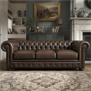Sofá Chesterfield Tradicional de Cuero Marrón de 3 Plazas con Respaldo Acolchado y Brazos Enrollados, Sofá Clásico para Sala de Estar, Oficina, Vestíbulo de Hotel - Product Image 1