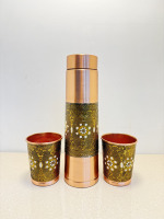 Set teko dan 2 gelas tembaga murni premium dengan lapisan sikat, motif ukiran Meenakari antik, botol air tembaga timbul