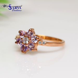 Bague florale en argent sterling 925 plaqué or rose avec zircon et améthyste de luxe, bijou de fiançailles en cristal violet, cadeau pour femme - Product Image 6