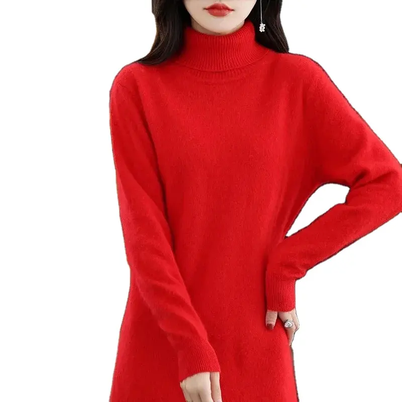 Femmes génial col haut à manches longues couleur unie vison cachemire coréen lâche luxe doux vison cachemire tricoté robe hiver