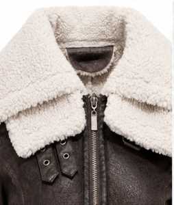 Veste de motard en simili cuir marron pour femme, col en fausse fourrure, fermeture éclair, manteau court vintage d'hiver - Product Image 2