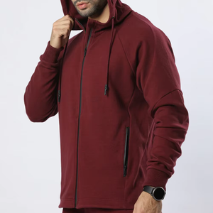 Men's Maroon Hooded Tracksuit Full Zipper Solid Color Casual <b>Jogger</b> Pants Set Breathable <b>Polyester</b> Autumn Wear - Product Image 5