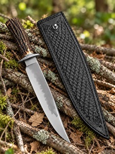 Cuchillo de Caza Hecho a Mano de Grado Industrial con Hoja de Acero Inoxidable de 0.5mm de Grosor, Punta Clip y Mango de Cuerno de Ciervo, con Funda Negra Trenzada - Product Image 6