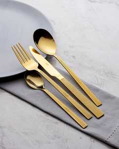 Ensemble de couverts texturés dorés en acier inoxydable avec manche rainuré – Couteau, fourchette, cuillère, cuillère à café en métal pour hôtels et restaurants - Product Image 1
