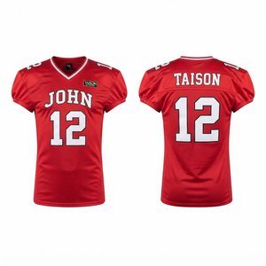 Maillot de football américain pour hommes en polyester/coton premium 180g, rouge et blanc, col en V, logo d'équipe personnalisé imprimé en sérigraphie - Product Image 1