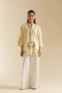 Yellow Embroidered Cotton <b>Kurta</b> For <b>Women</b> Traditional Indian Pakistani Casual Wear Loose Fit All Seasons - Product Image 1